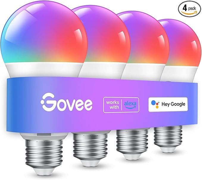 Govee Bombillas inteligentes, bombilla que cambia de color, funciona con Alexa y Google Assistant, 16 millones de colores RGBWW, bombillas LED WiFi y Bluetooth, sincronización de música, A19, 800